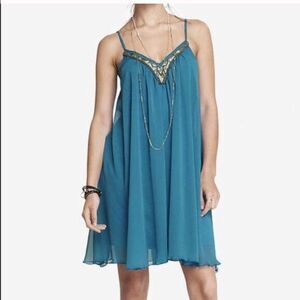 Express Caribbean Blue Beaded Trapeze Dress Formal Cocktail Bubble Gown Size XS